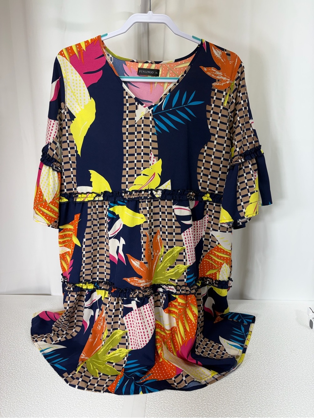 Vivid Navy Tropical-Print Tiered Tunic 4021